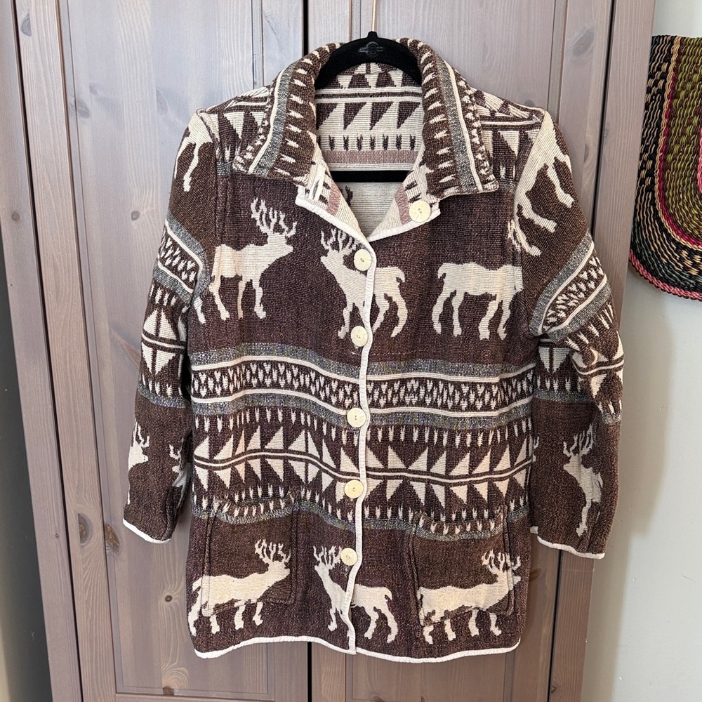 ⭐️ VINTAGE reversible tapestry blanket handmade jacket deer Aztec